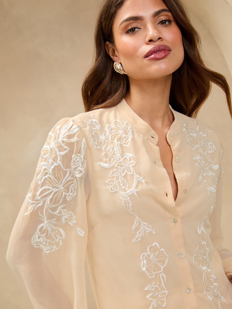 Lipsy Camel Long Sleeve Grandad Collar Blouse - Image 2 of 4