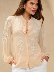 Lipsy Camel Long Sleeve Grandad Collar Blouse - Image 3 of 4