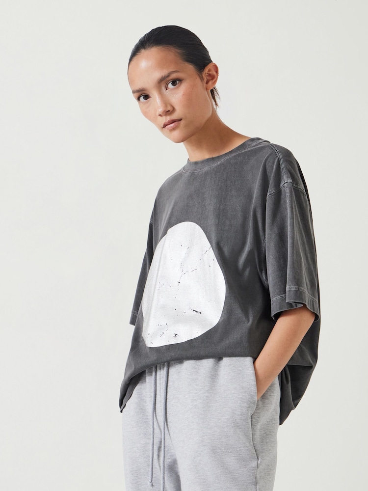 Hush Grey Metallic Print Oversized Graphic 100% Cotton T-Shirt - Image 1 of 5