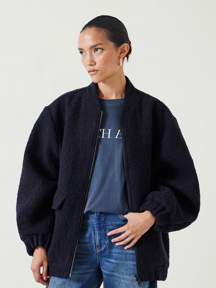 Hush Blue 100% Cotton Aiden Boucle Bomber Jacket - Image 1 of 5