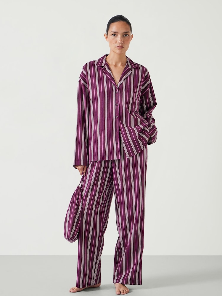 Hush Purple Amita Cotton Flannel Multi Stripe Pyjamas - Image 1 of 5