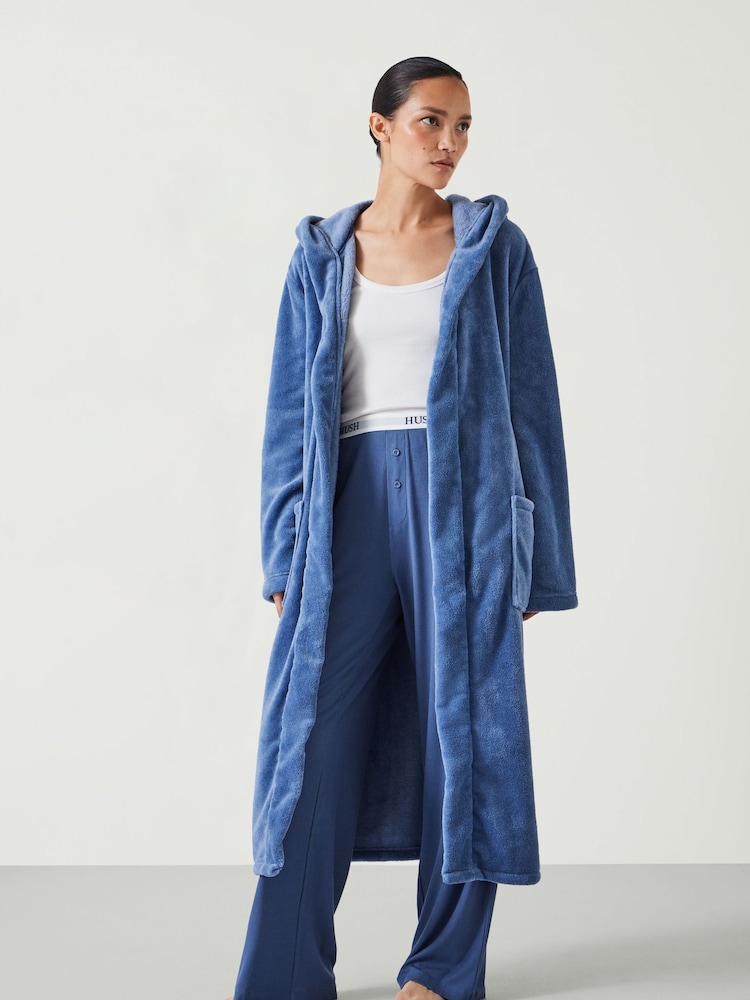 Hush Blue Fluffy Hooded Dressing Gown - Image 1 of 5
