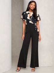 Lipsy Black Flutter Sleeve Tie Side Wide Leg Jumpsuit - Image 1 of 4