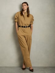 Reiss Camel Mina Lyocell-Cotton Wide-Leg Jumpsuit - Image 1 of 6
