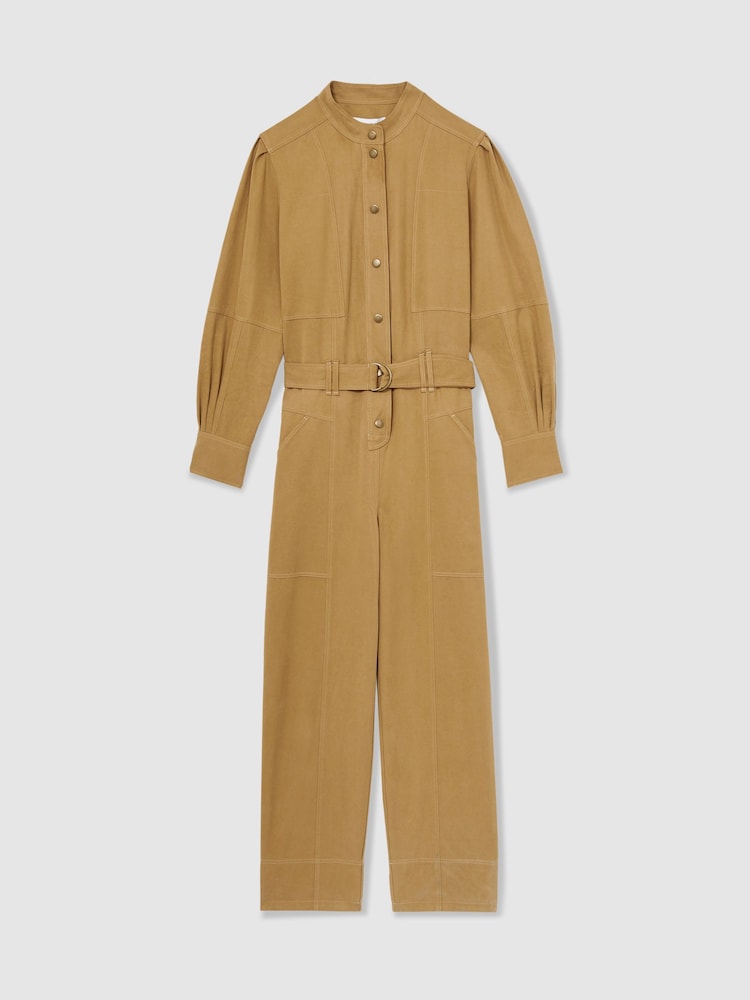 Reiss Camel Mina Lyocell-Cotton Wide-Leg Jumpsuit - Image 2 of 6