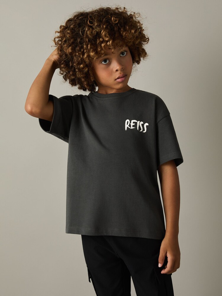 Reiss Washed Black Abbott 100% Cotton Logo Print Crew Neck T-Shirt - Image 1 of 4