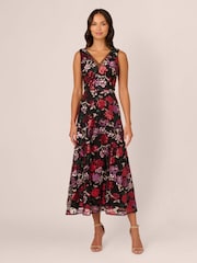 Adrianna Papell Floral Sequin Ankle Black Dress - Image 1 of 7