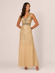 Adrianna Papell Gold Bead Metallic Long Dress - Image 1 of 7