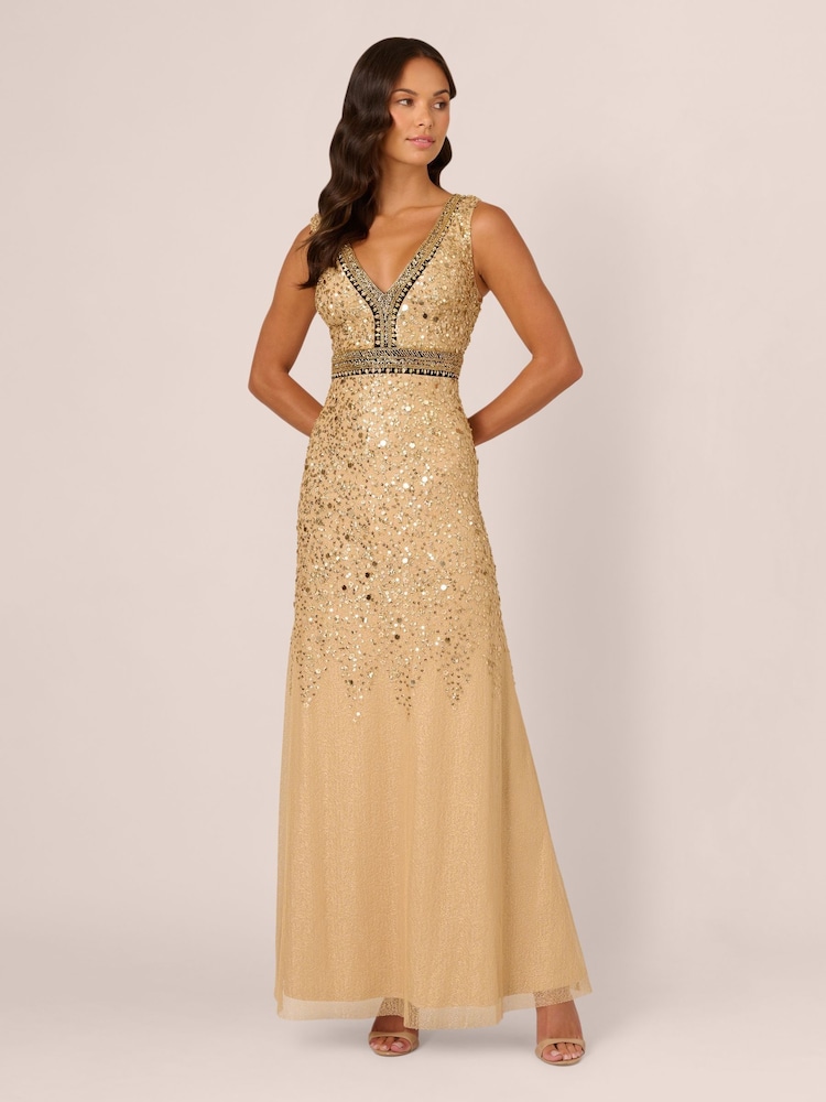 Adrianna Papell Gold Bead Metallic Long Dress - Image 1 of 7