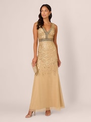 Adrianna Papell Gold Bead Metallic Long Dress - Image 3 of 7