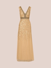 Adrianna Papell Gold Bead Metallic Long Dress - Image 6 of 7