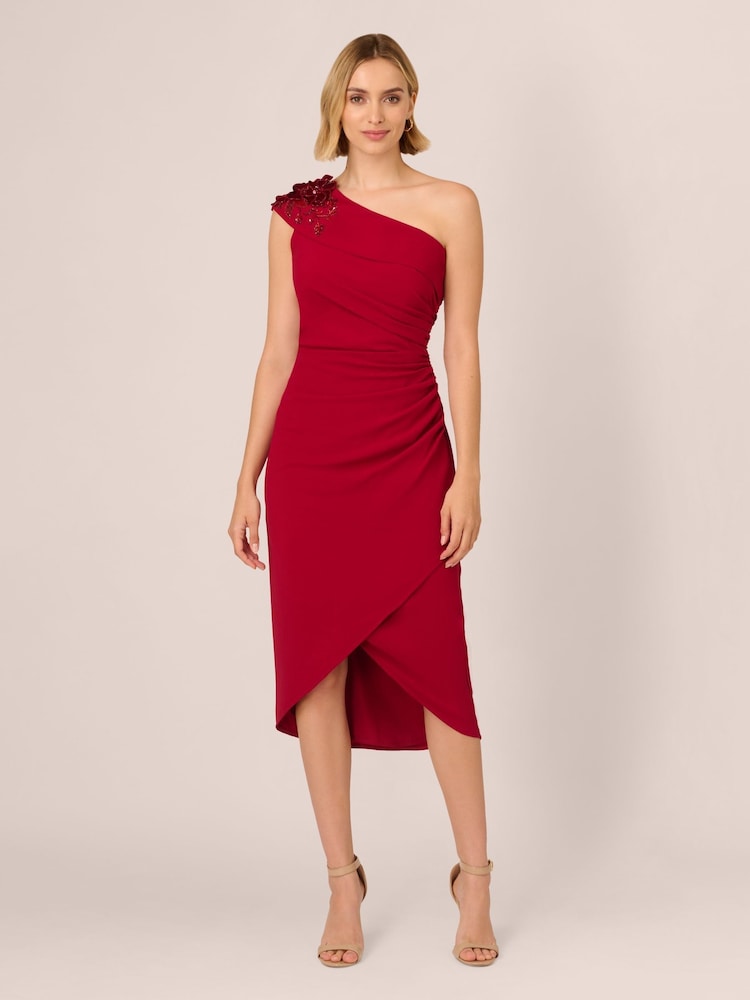 Adrianna Papell Red Beaded Crepe Wrap Dress - Image 1 of 7