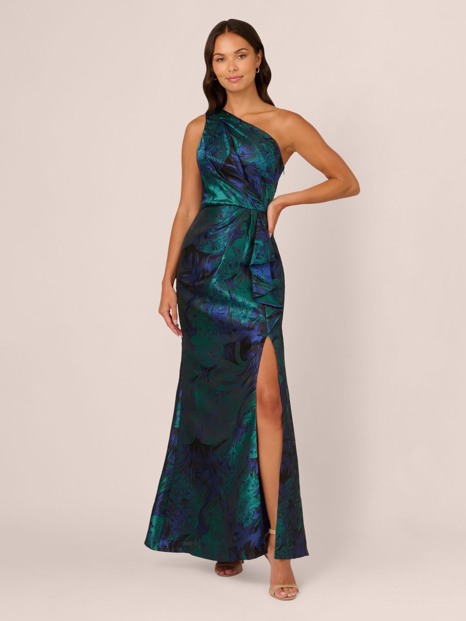 Adrianna Papell Blue One Shoulder Jacquard Dresses