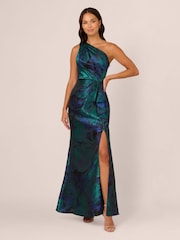 Adrianna Papell Blue One Shoulder Jacquard Dresses - Image 1 of 7