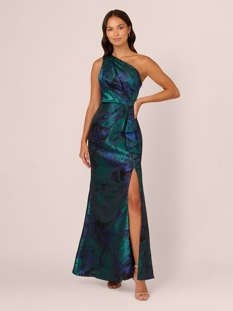 Adrianna Papell Blue One Shoulder Jacquard Dresses - Image 1 of 7