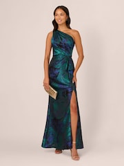 Adrianna Papell Blue One Shoulder Jacquard Dresses - Image 3 of 7