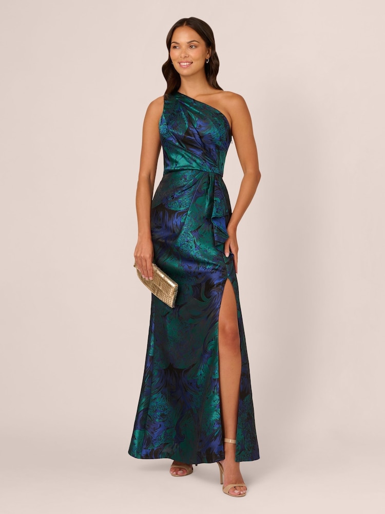 Adrianna Papell Blue One Shoulder Jacquard Dresses - Image 3 of 7