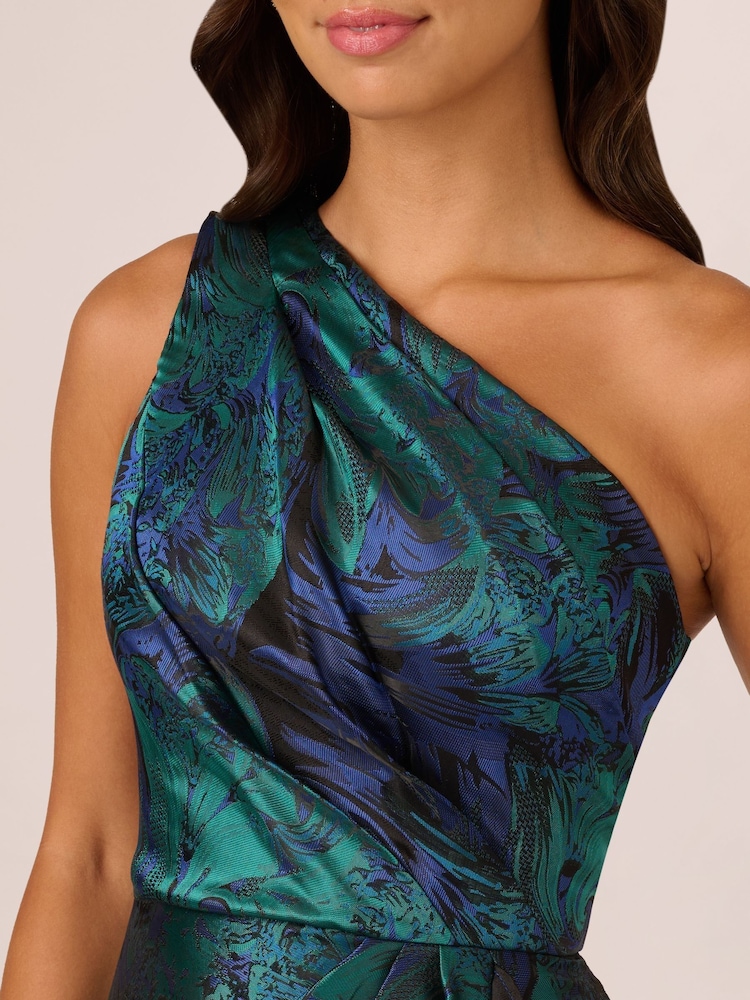 Adrianna Papell Blue One Shoulder Jacquard Dresses - Image 4 of 7
