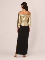 Adrianna Papell Off Shoulder Bead Crepe Black Dress - Image 2 of 7