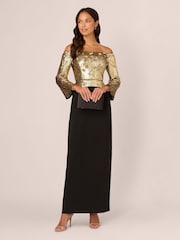 Adrianna Papell Off Shoulder Bead Crepe Black Dress - Image 3 of 7
