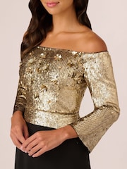 Adrianna Papell Off Shoulder Bead Crepe Black Dress - Image 4 of 7