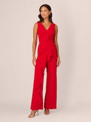 Adrianna Papell Red Ruffle Knit Crepe Jumpsuit - Image 1 of 7