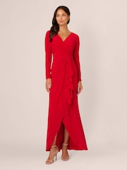 Adrianna Papell Red Jersey Draped Long Sleeve Gown - Image 1 of 7