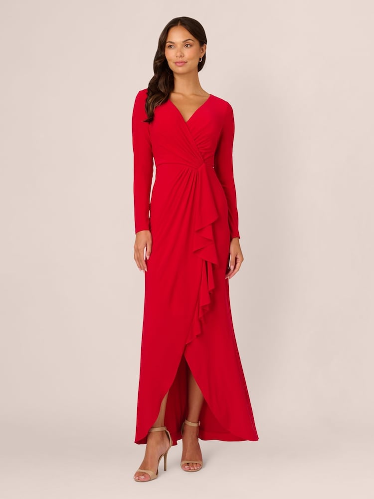 Adrianna Papell Red Jersey Draped Long Sleeve Gown - Image 1 of 7