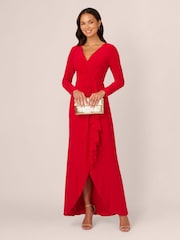 Adrianna Papell Red Jersey Draped Long Sleeve Gown - Image 3 of 7