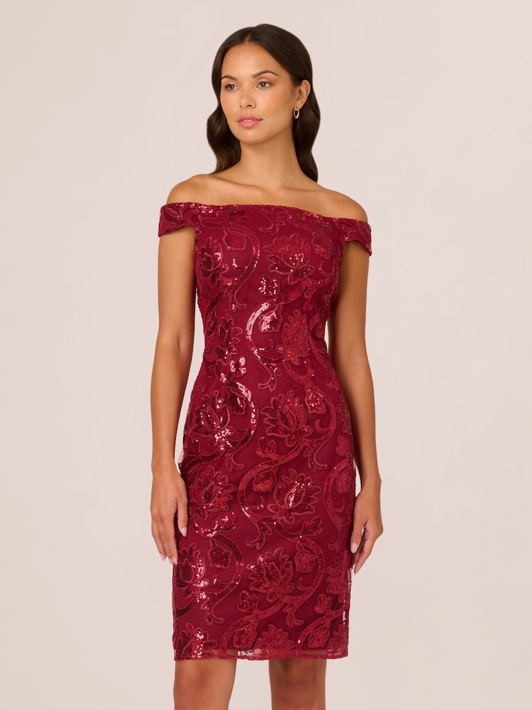 Adrianna Papell Studio Red Off Shoulder Sheath Dress - Image 1 of 7