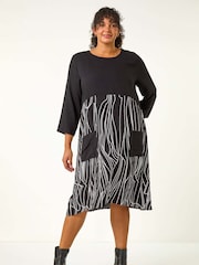 Roman Black Curve Abstract Print Pocket Smock Dress - Image 1 of 5