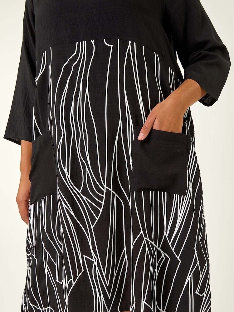 Roman Black Curve Abstract Print Pocket Smock Dress - Image 2 of 5