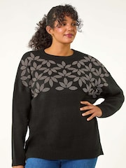 Roman Black Curve Leaf Print Hotfix Knit Jumper - Image 1 of 5
