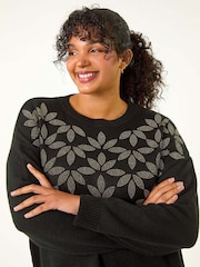 Roman Black Curve Leaf Print Hotfix Knit Jumper - Image 4 of 5
