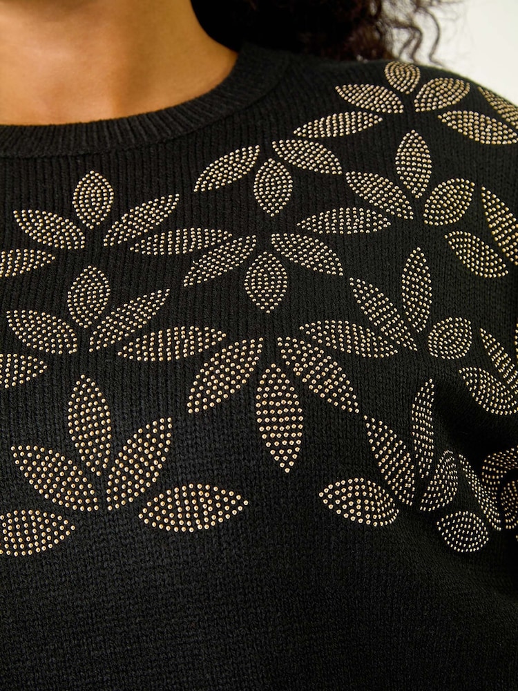 Roman Black Curve Leaf Print Hotfix Knit Jumper - Image 5 of 5