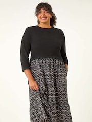 Roman Grey Curve Contrast Print Skirt Midi Dress - Image 1 of 5