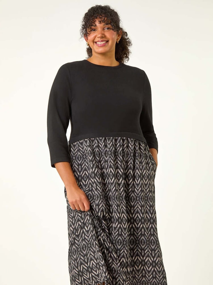 Roman Grey Curve Contrast Print Skirt Midi Dress - Image 1 of 5