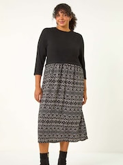 Roman Grey Curve Contrast Print Skirt Midi Dress - Image 2 of 5