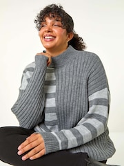 Roman Grey Curve Contrast Stripe High Neck Jumper - Image 1 of 5