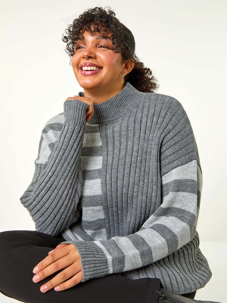 Roman Grey Curve Contrast Stripe High Neck Jumper - Image 1 of 5