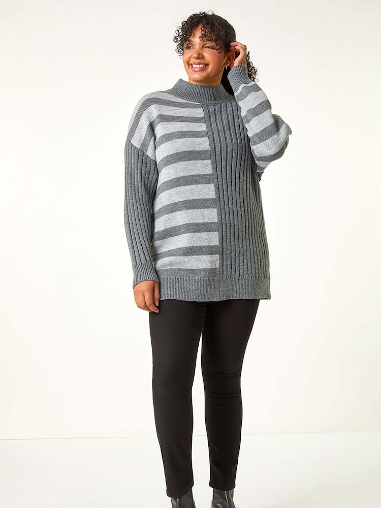Roman Grey Curve Contrast Stripe High Neck Jumper - Image 2 of 5