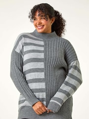 Roman Grey Curve Contrast Stripe High Neck Jumper - Image 4 of 5