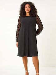 Roman Black Curve Spot Stretch Mesh Swing Dress - Image 2 of 5