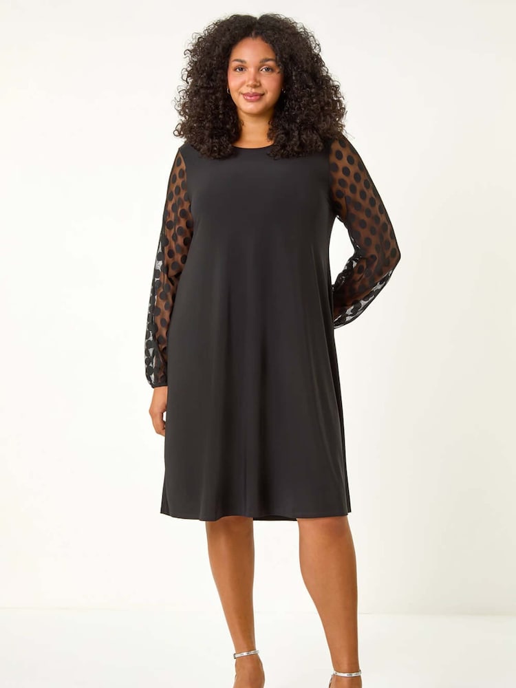 Roman Black Curve Spot Stretch Mesh Swing Dress - Image 2 of 5