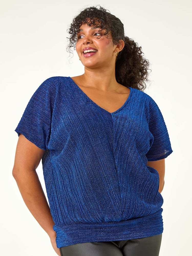 Blue - Roman Curve Metallic Plisse Banded Top - Image 1 of 6