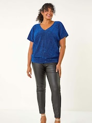 Blue - Roman Curve Metallic Plisse Banded Top - Image 3 of 6
