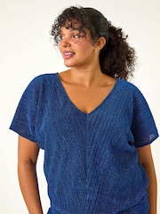 Blue - Roman Curve Metallic Plisse Banded Top - Image 5 of 6
