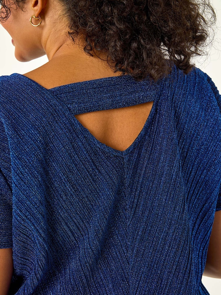 Blue - Roman Curve Metallic Plisse Banded Top - Image 6 of 6