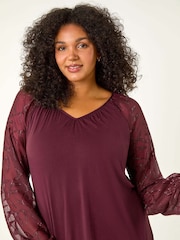 Roman Purple Curve Metallic Mesh Sleeve Top - Image 1 of 5