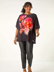 Roman Red Curve Floral Overlay Top - Image 2 of 5